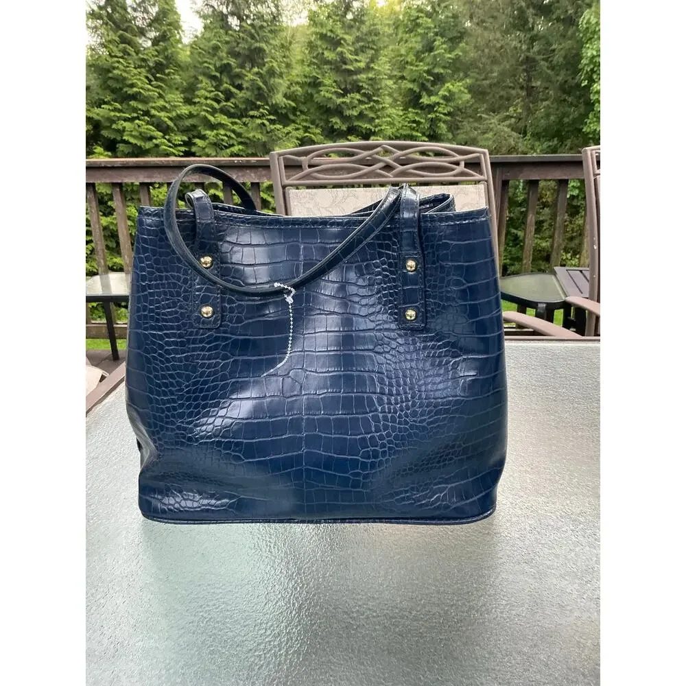 Bebe Navy Croc Embossed Large Tote Bag